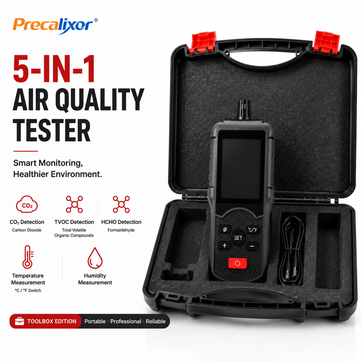 Professional Industrial Tool Kit Air Quality Monitor – CO2/TVOC/HCHO Detector with ABS Housing, 2000mAh Battery, ℃/℉ Switchable