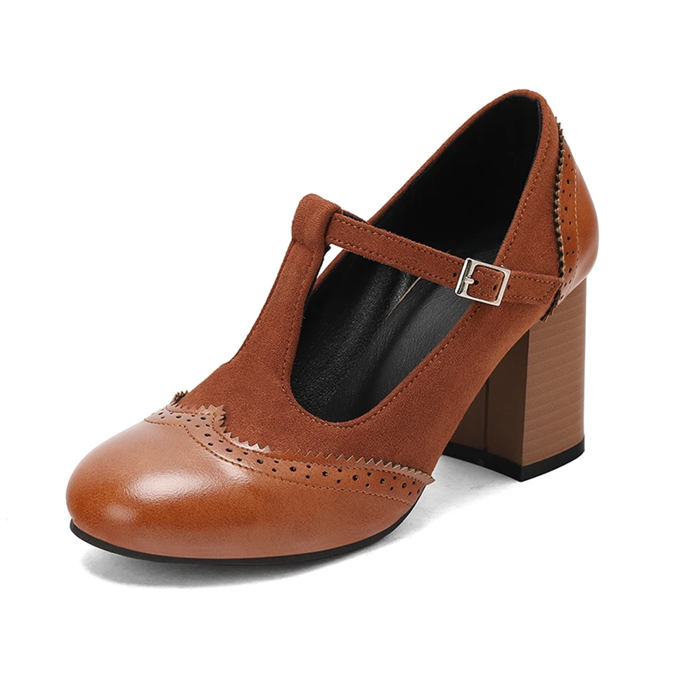 

Women's Plus Size 34-50 Vintage T-Strap Block Heel Suede Leather Mixed Mary Jane Pumps Brogue Black Party Dress Shoes H02-1