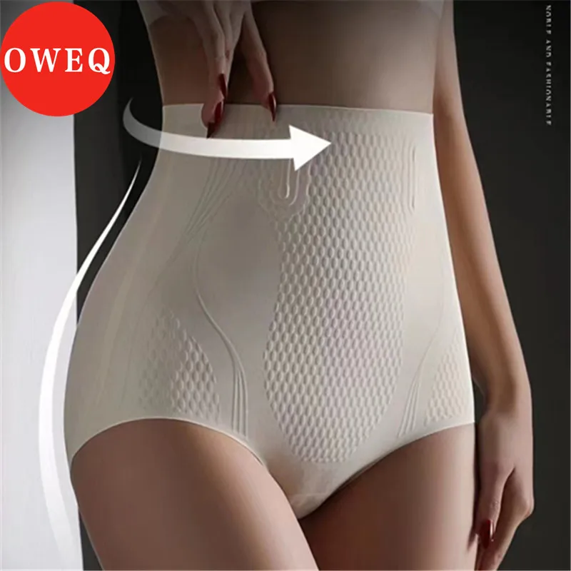 Oweq-calças de cintura alta para o abdômen, feitas de seda gelo líquido, sem costura, moldar roupa interior, controle barriga, shaper do corpo