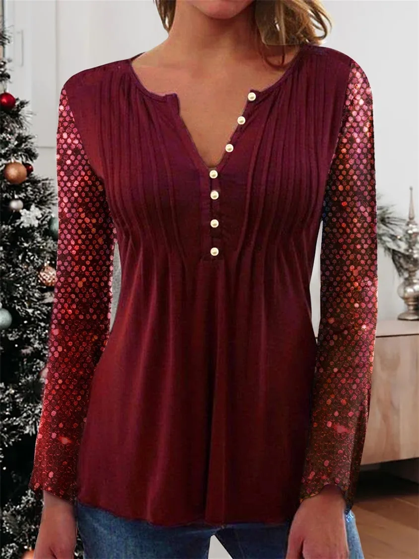 Plus Size Women Long Sleeve V-neck Stitching Women Tops