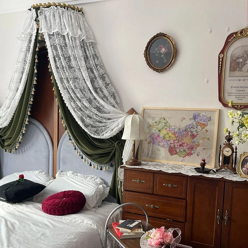 Medieval French retro blackout velvet bed mantle bedside decoration princess gauze mantle bedside curtain bedroom shooting 4