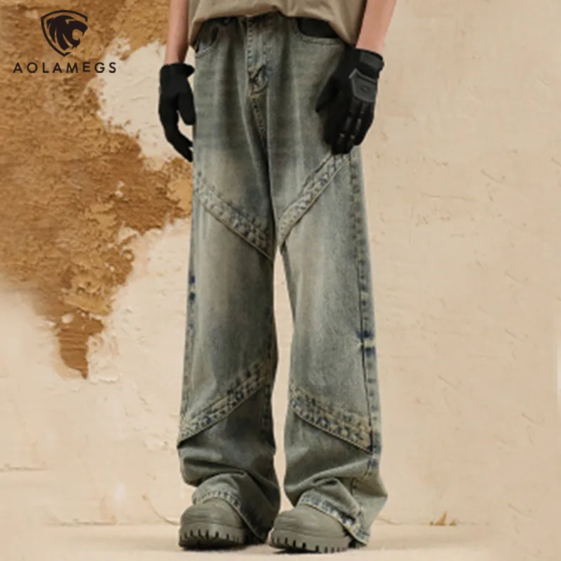 

Men Jeans Splicing Washed Distressed Denim Trousers Fashion Vintage Streetwear High Street Loose Straight Wide Leg Casual Pants