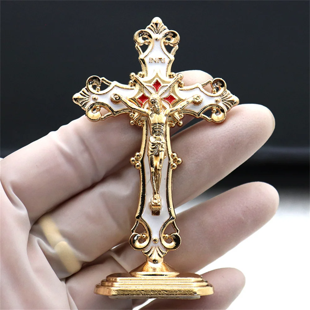 

8 cm Catholic Ornament Crucifix Enamel Cross Decorations Religious Prayer Jesus Figurine Metal Statues Gift
