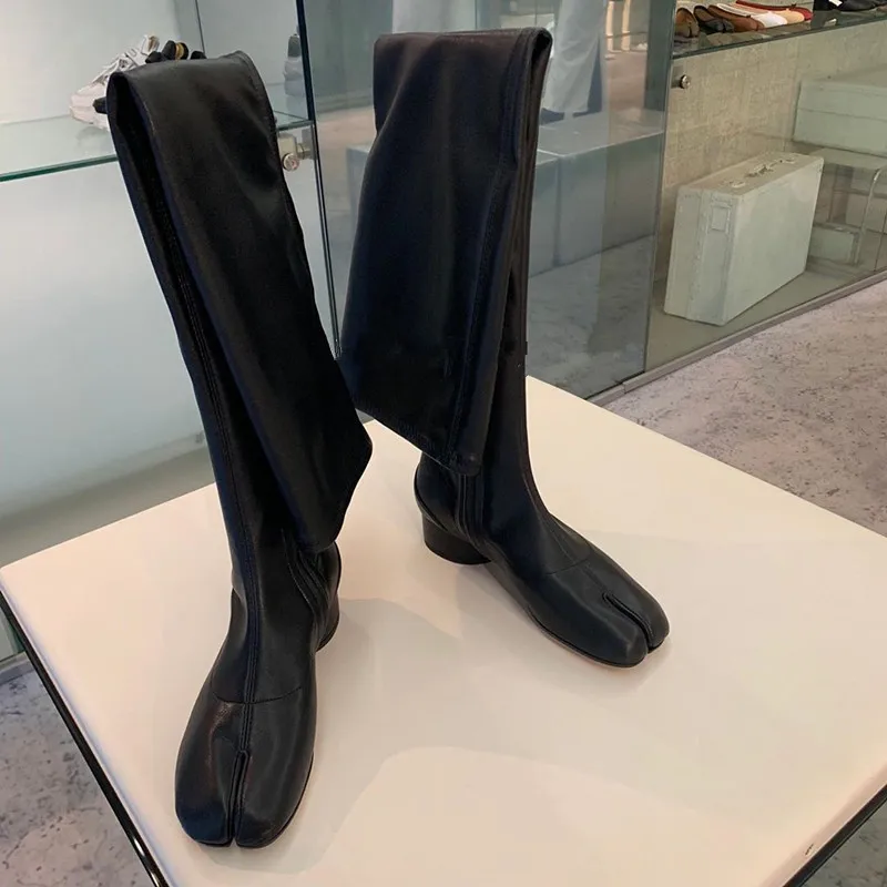 Botines mujer 2023 chunky low heel overknee long boots for woman square toe black leather rain boots luxury tabi bottes