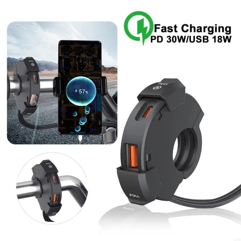 H8WE Quick Charging Socket SAE to USB & Type-C Charging Adapter Motorcycle Handlebar Power Outlet Motorbike Accessory