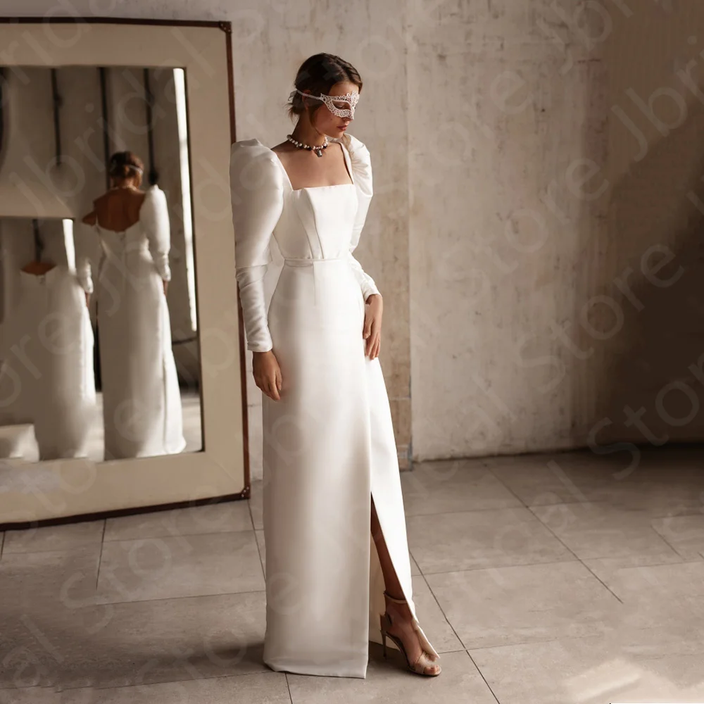 On Sale 2023 Unique Wedding Dresses Ivory Front Slit Bride  Long Puffy Sleeves Back Out Bridal Gowns Square Neckline