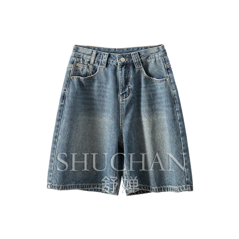 

D Spring home, retro nostalgia, cabinet washed high waist straight wide leg five-point denim pants women 56C9