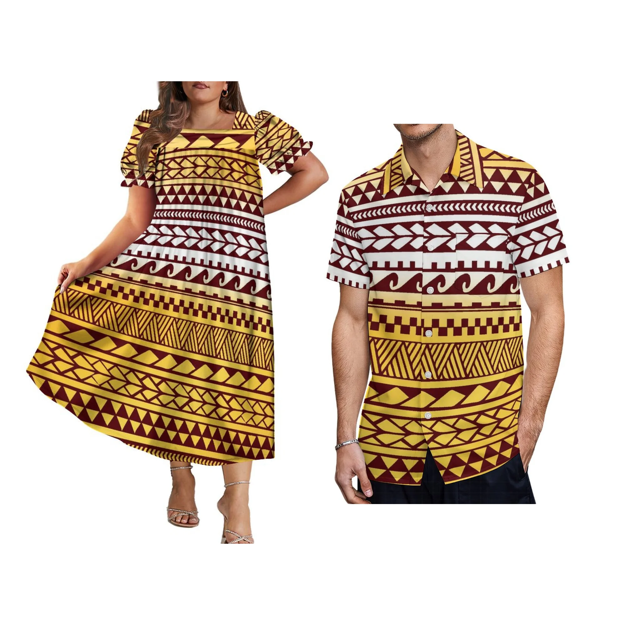 New Style Hem Widened Micronesian Mumu Dress Custom  Polynesian Tribal Print Women Big Size Puff Sleeve Puffy Dress