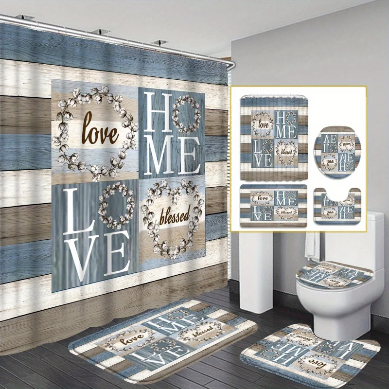 4pcs Wood Grain Background Letters Modern Home Bathroom Decoration: Shower Curtain and 3-piece Toilet Floor Mat Set with 12 Show