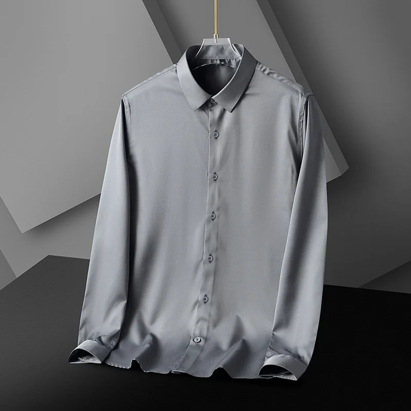 

New Spring Summer Men's Shirt Non-Ironing Anti-Wrinkle Business Casual Solid Color Elastic Smooth Long-Sleeve Social Work Shirt