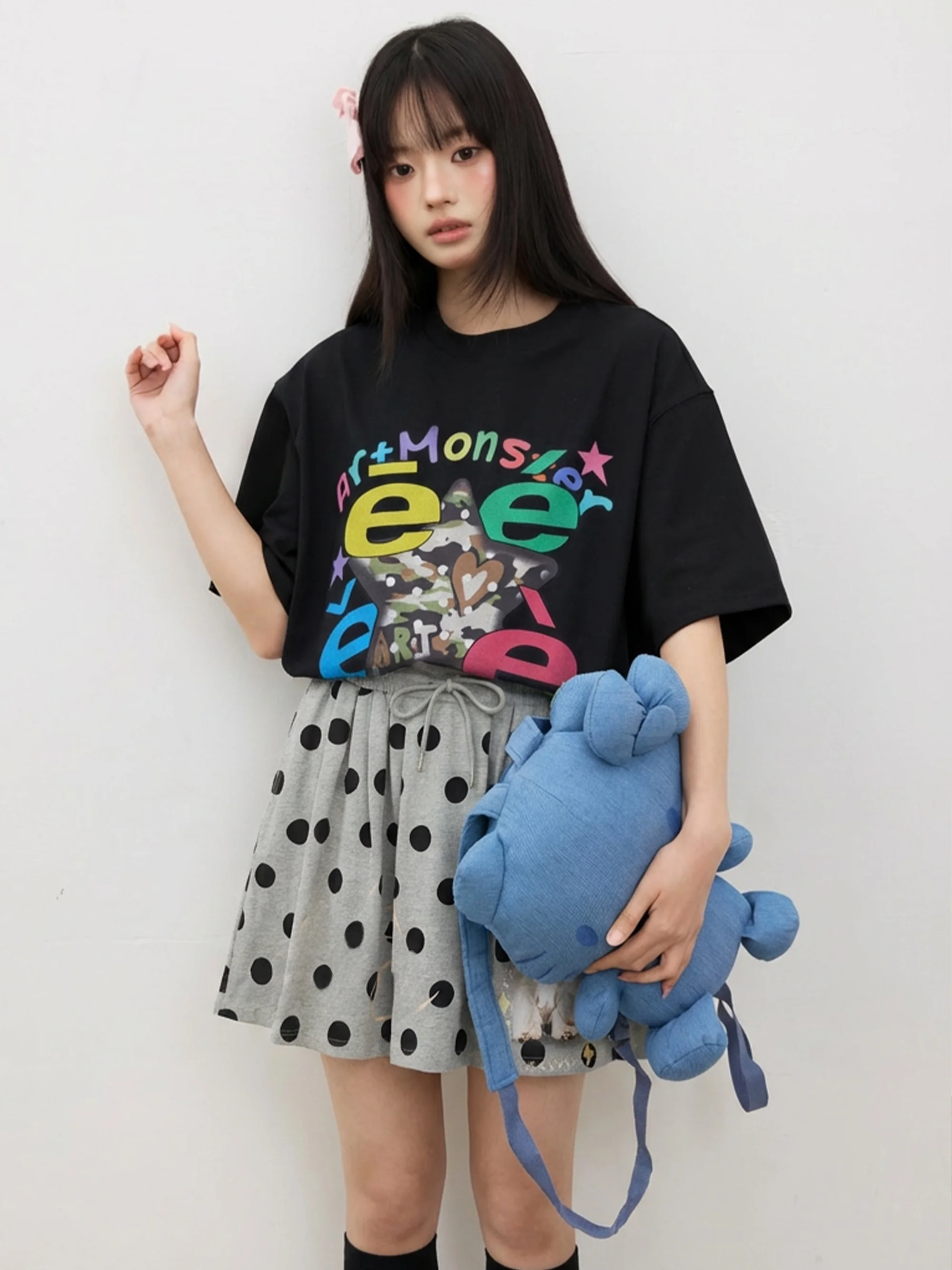 Poodle Puppy Print A-Line  Skirt with Bow Design Summer Cotton Polka Dot Half-length Skirts for Women Girls Standard Fit
