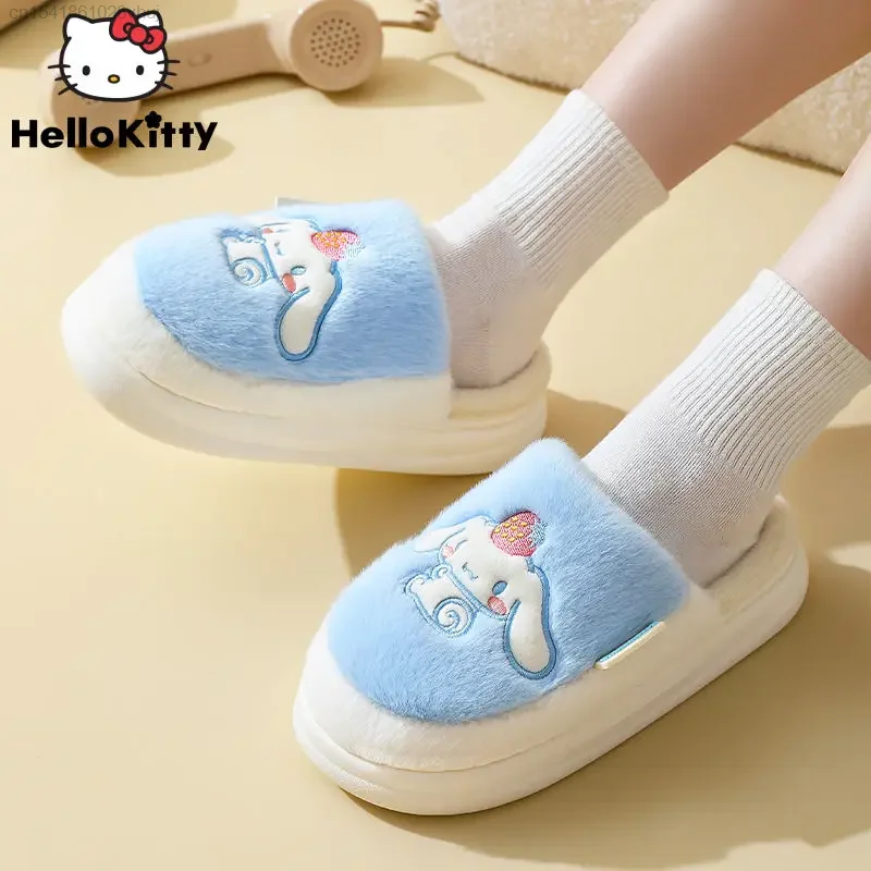 Sanrio New Cinnamoroll Kuromi pantofole in cotone con suola spessa Lolita Girls Winter Home Kawaii pantofole in pelliccia di peluche scarpe