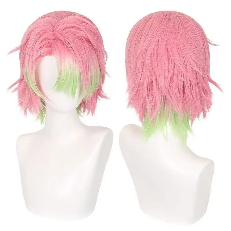 Kanroji Mitsuri Genderbend Cosplay Wig Pink Green Gradient Short Layered Synthetic Hair For Halloween Party Comic Con