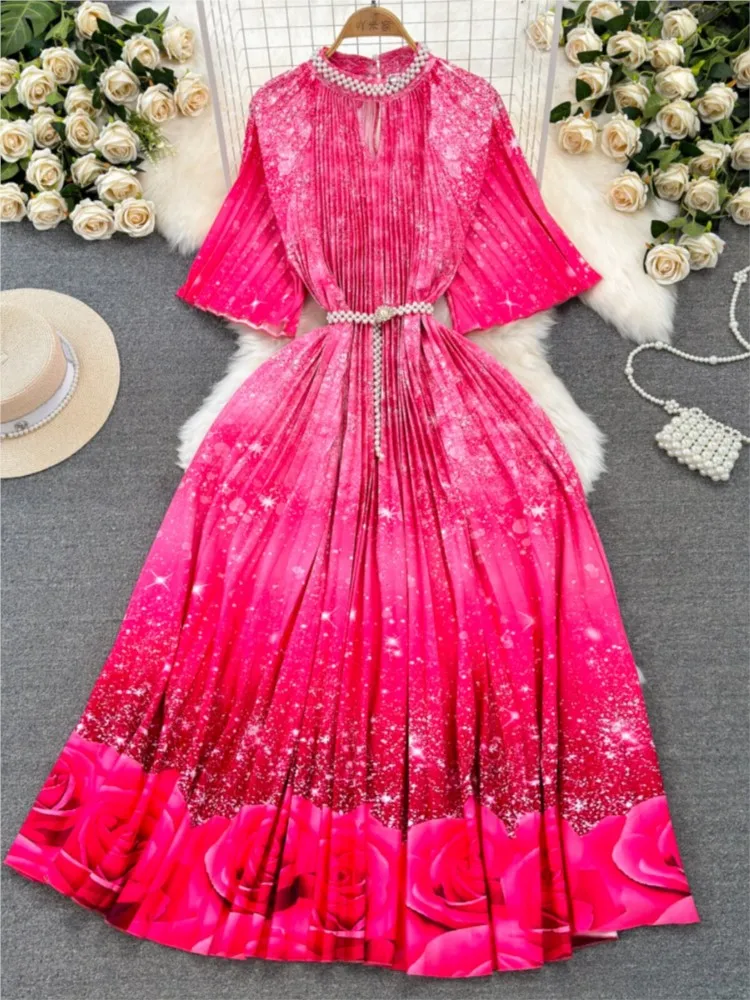 Fashionable and light luxury pleated beaded stand-up collar cinched waist gradient color printed large hem