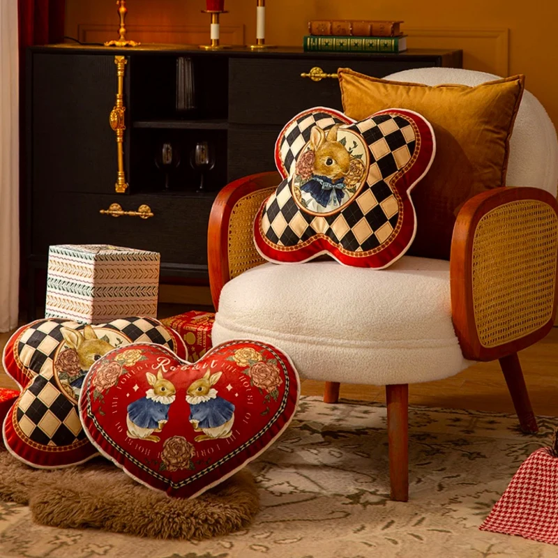 Joyful Red Check Heart Rabbit Cushion Chic Velvet Stuffed Soft Pillow for Sofa Office Rest Throw Love Present Chair Bedding Deco