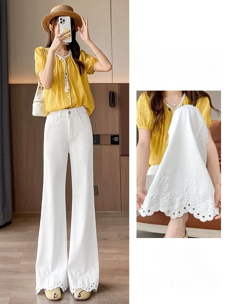 

Однотонные расклешенные джинсы женские осенью 2023 года, темпераментные расклешенные брюки с кружевной вышивкой и вырезами