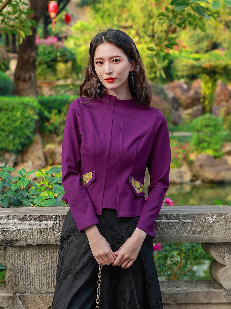 

Yang Li Designed New Chinese Sle Long Sve Embroidered Patchwork Zipper Ba Women's Top Purple Spring Faion