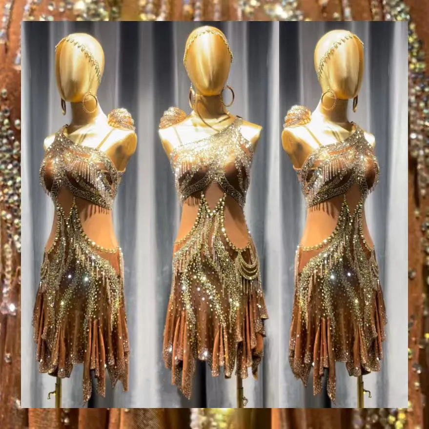 Dança latina adulto crianças vestido ab pedra high-end personalizado saia irregular de uma peça precisamente tango roupas femininas
