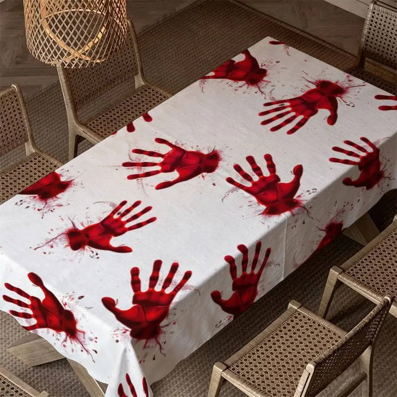 Halloween Rectangle Table Cloth White Background Bloody Handprint Splatter Table Cover Scary Horror Kitchen Dining Table Decor