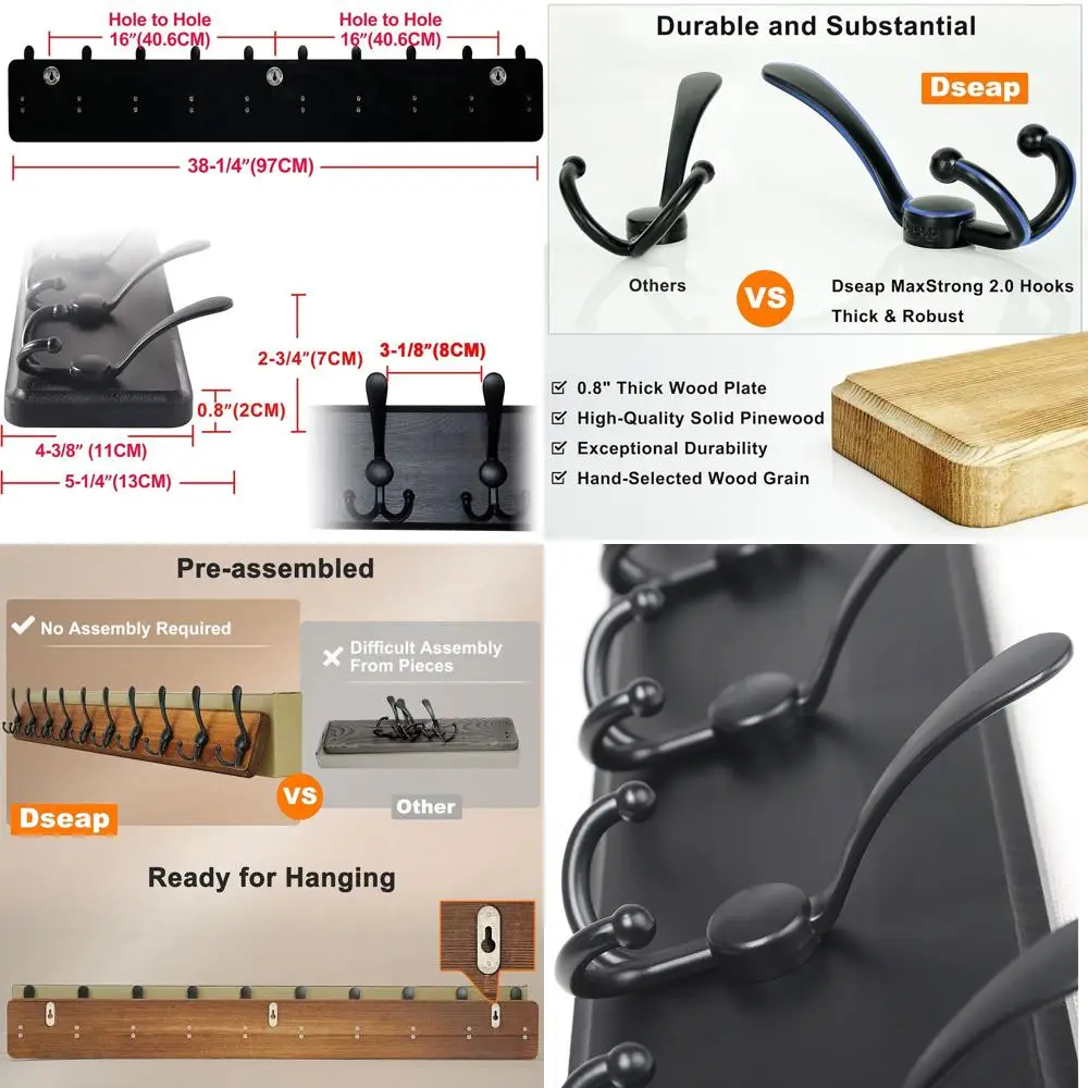

Напольная вешалка для одежды из массива дерева в деревенском стиле с 10 усиленными крючками, длина 38,25 дюйма, идеально подходит для прихожей или коридора, черная