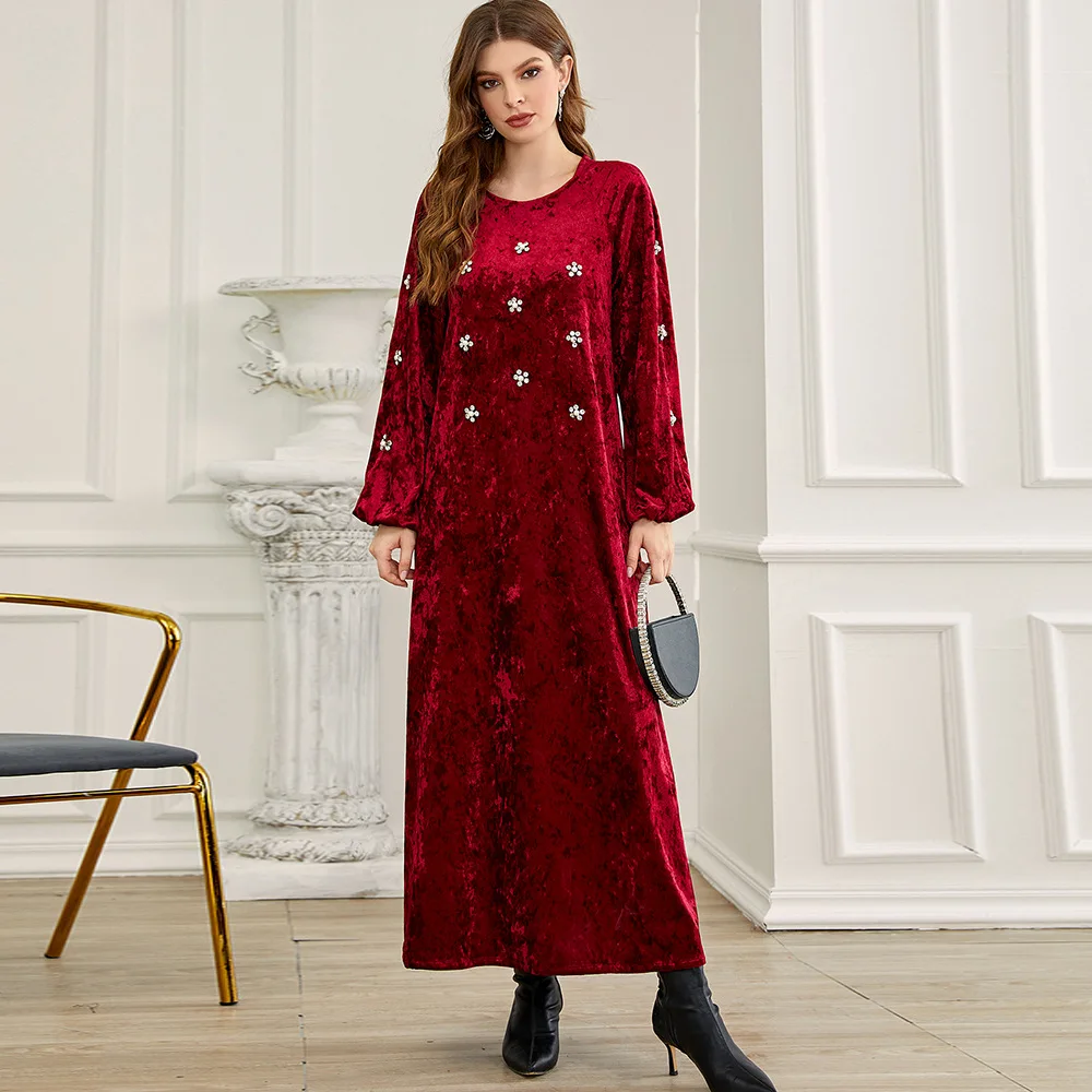 Vestido modesto de invierno abaya dubai de lujo Falda larga de terciopelo rojo oscuro ropa islámica sólida bata árabe invierno uae abayas BA717