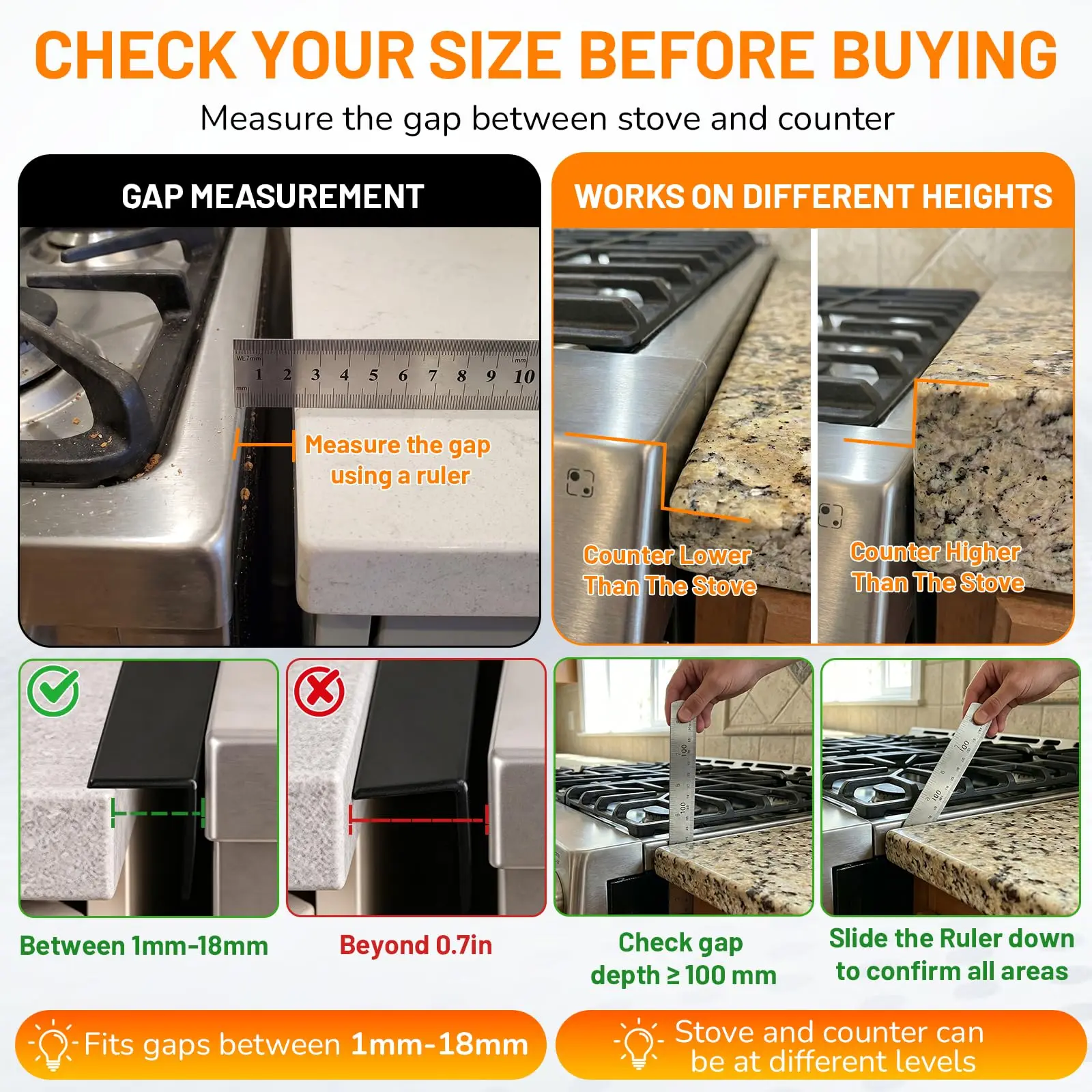 Stainless Steel Stove Gap Covers Adjustable 35-70cm Retractable Range Trim Kit Heat Resistant Easy Clean Gap Filler 2cm Wide