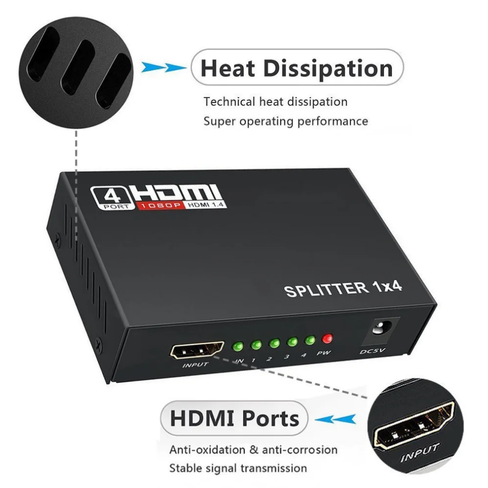 GRWIBEOU HDMI-compatible Splitter HDCP 1 in 4 out Power Signal Amplifier 3D 1080P 1x4 Audio Spliter Switch HD Converter Adapter