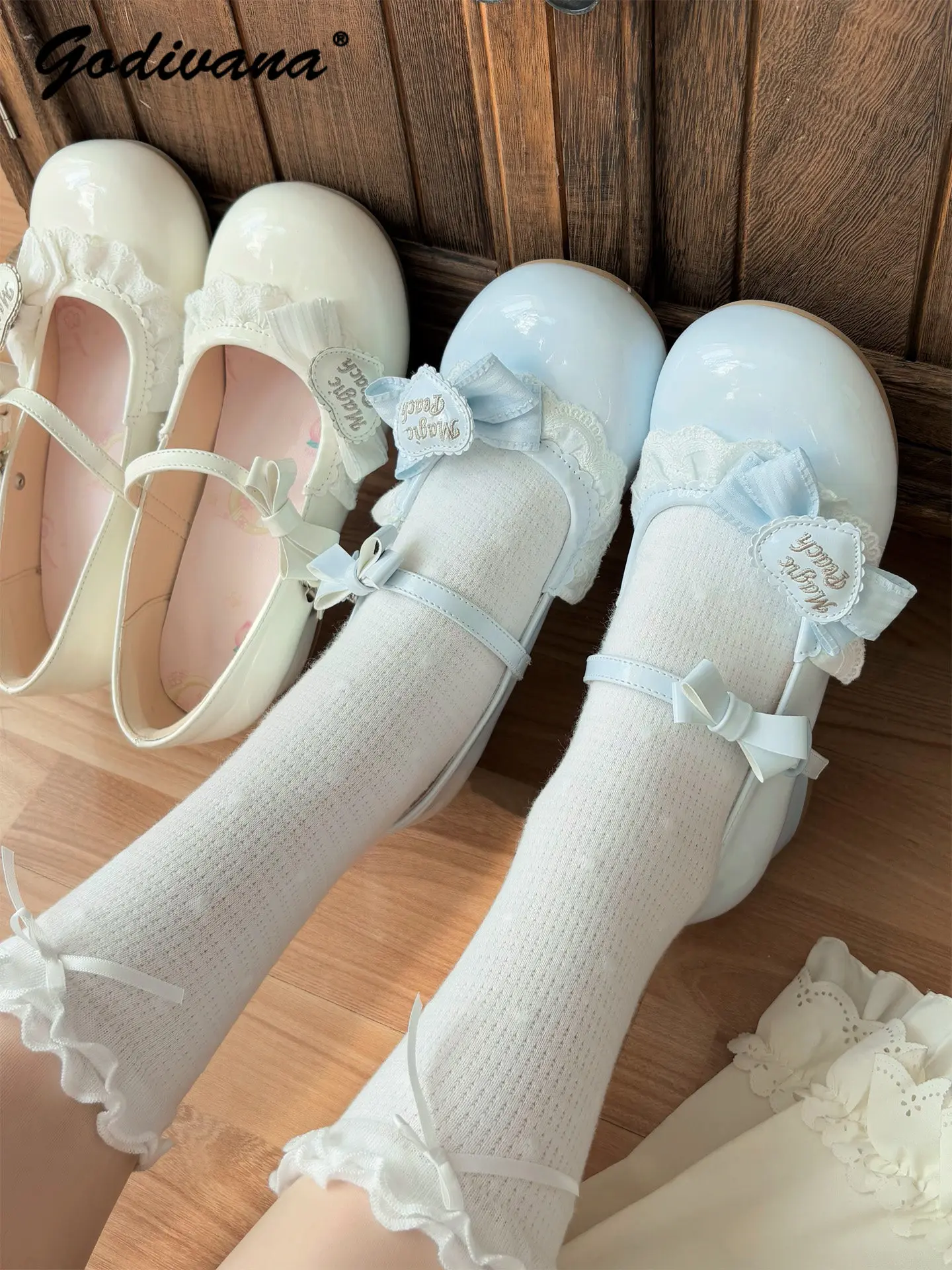 Cute Lolita Shoes Original New Spring Women's Sweet Bow Mid Heel Pumps Leather Shoes Elegant Ladies Lo Shoes