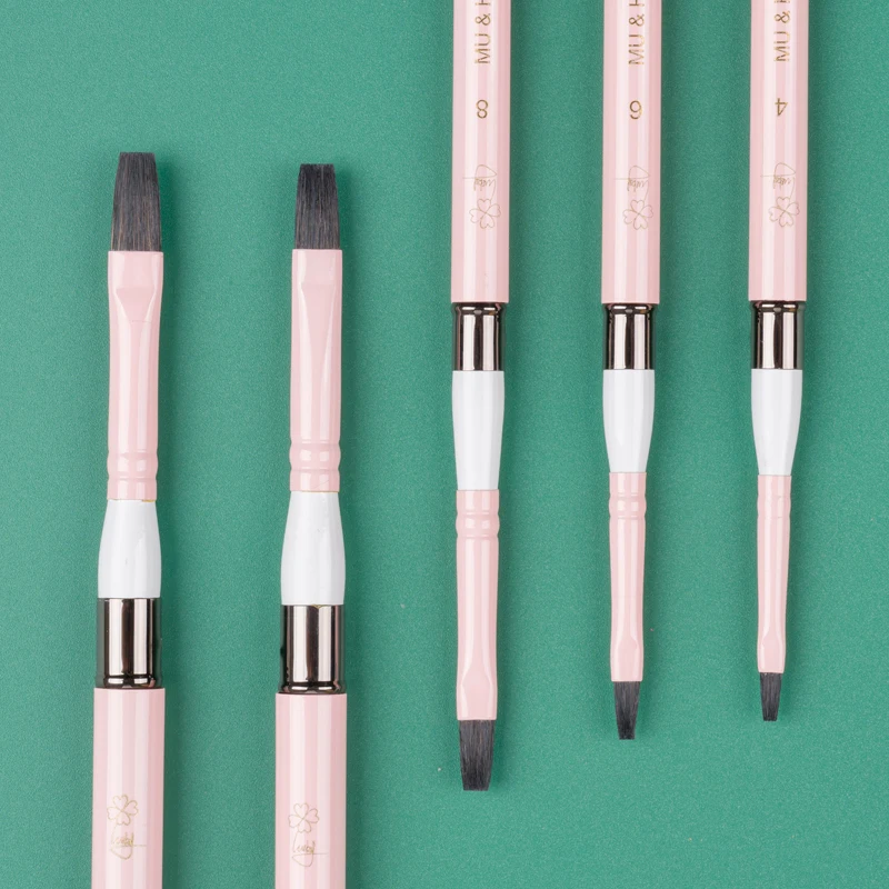 قلم صغير وردي فاتح شعر السنجاب ، فرشاة ألوان مائية مختلطة الفنان ، قبعة نحاسية ، رأس بيضاوي مائل مسطح ، 215 MU HE Art #3