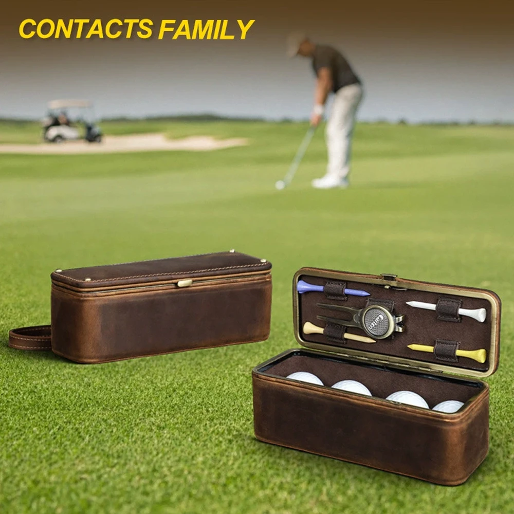Golf Storage Box Retro Crazy Horse Leather Metal Hinged Golf Accessories Organizer with Wrist Strap & Glasses Bag