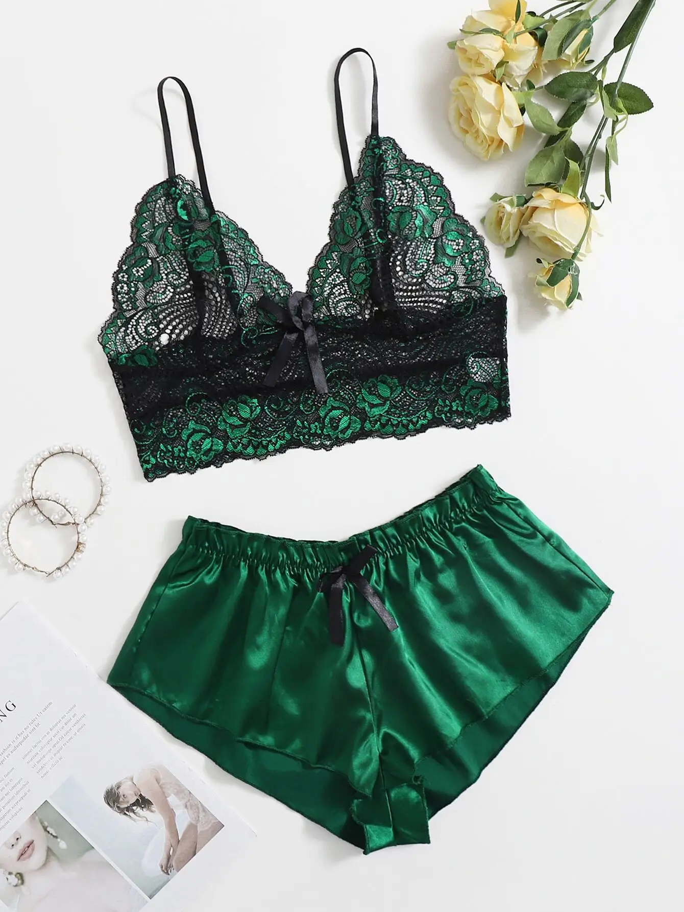 

Emerald Green Floral Lace Bra & Satin Shorts Lingerie Set with Bow Detail