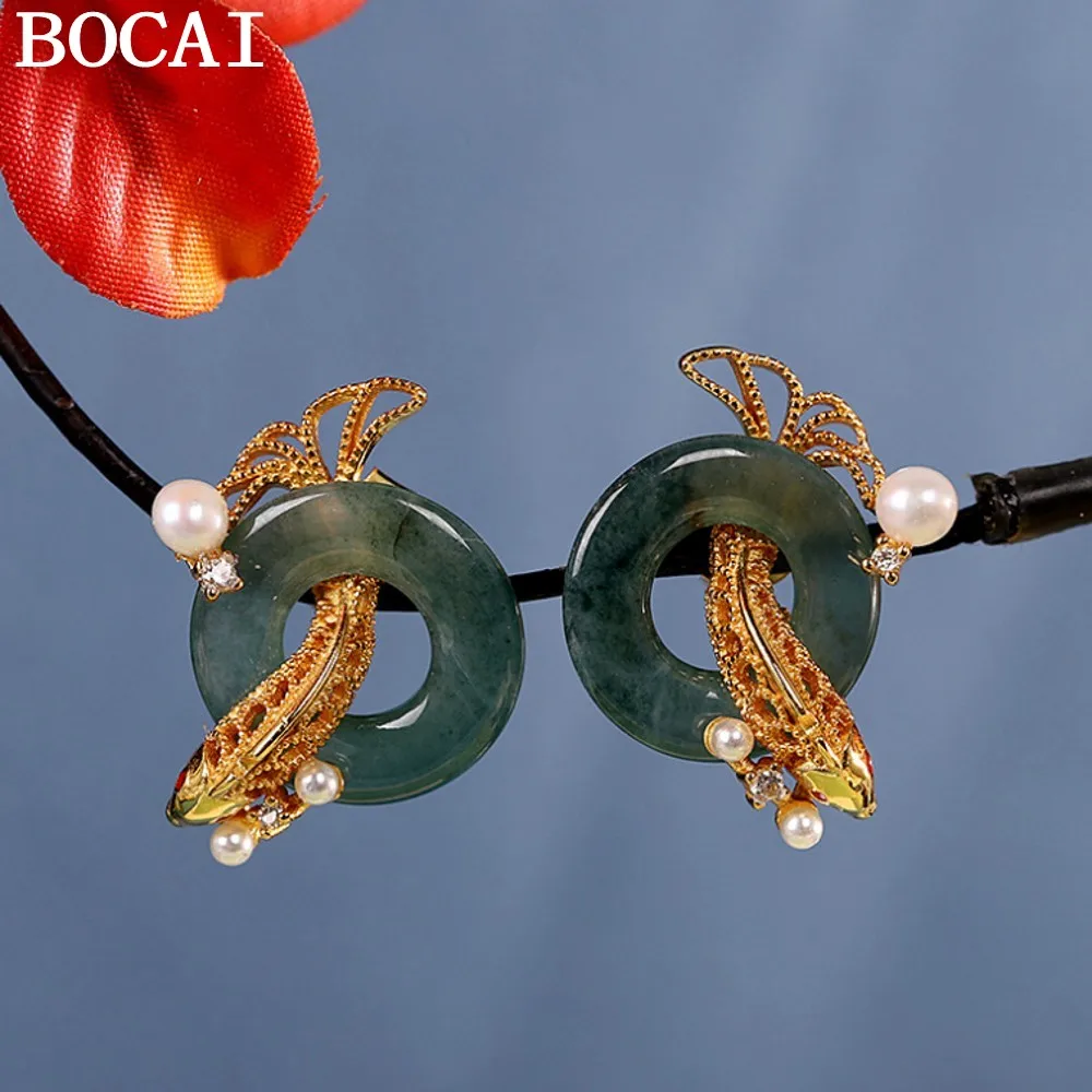 

BOCAI S925 Silver Fashionable Niche Gold-plated Inlaid With Jade Fish Leaping Over The Dragon Gate Donuts Earrings Women's Gift