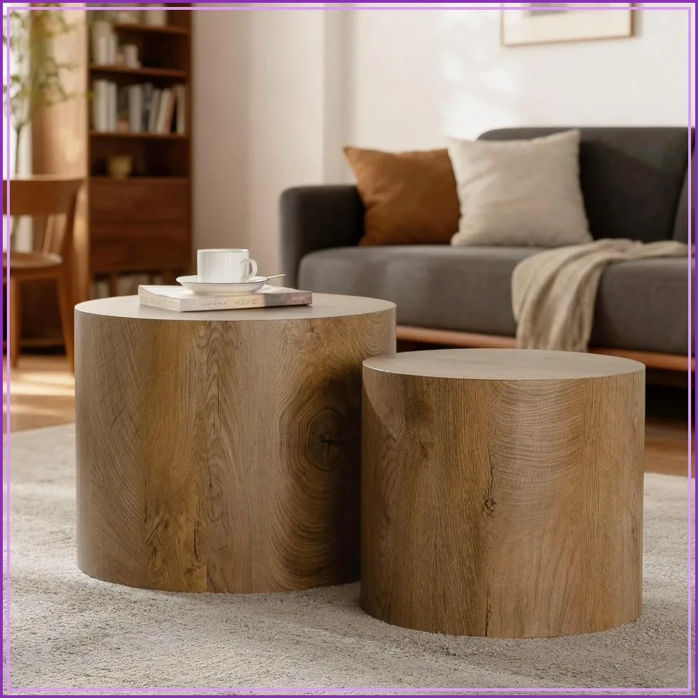 Round Coffee Table Set of 2, Wooden Drum Side Tables for Living Room, Light Walnut, Assembled