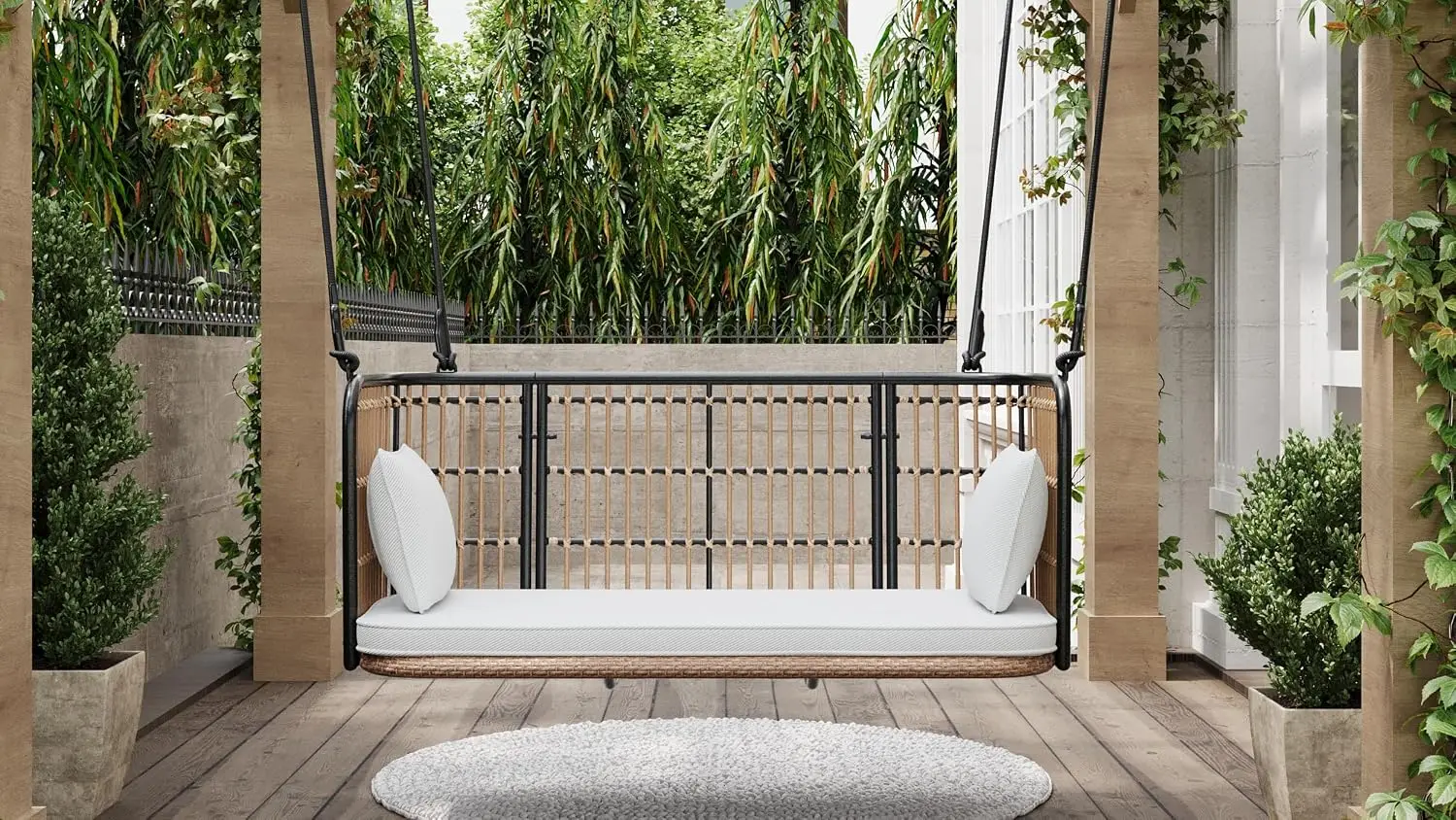 4ft Metal Wicker Porch Swing with Cushions & Hanging Ropes for Patio Garden, Customized
