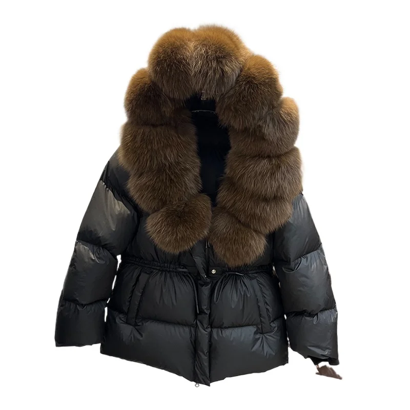 

Женская короткая приталенная куртка с большим воротником из лисьего меха, на утином пуху, модная, универсальная, новинка зимы 2025