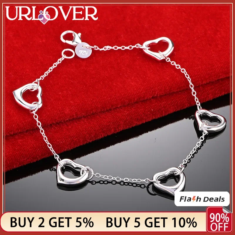 

URLOVER 925 Sterling Silver Heart Bracelets For Woman Party Birthday Fashion Charm Jewelry Gift Wedding Accessories