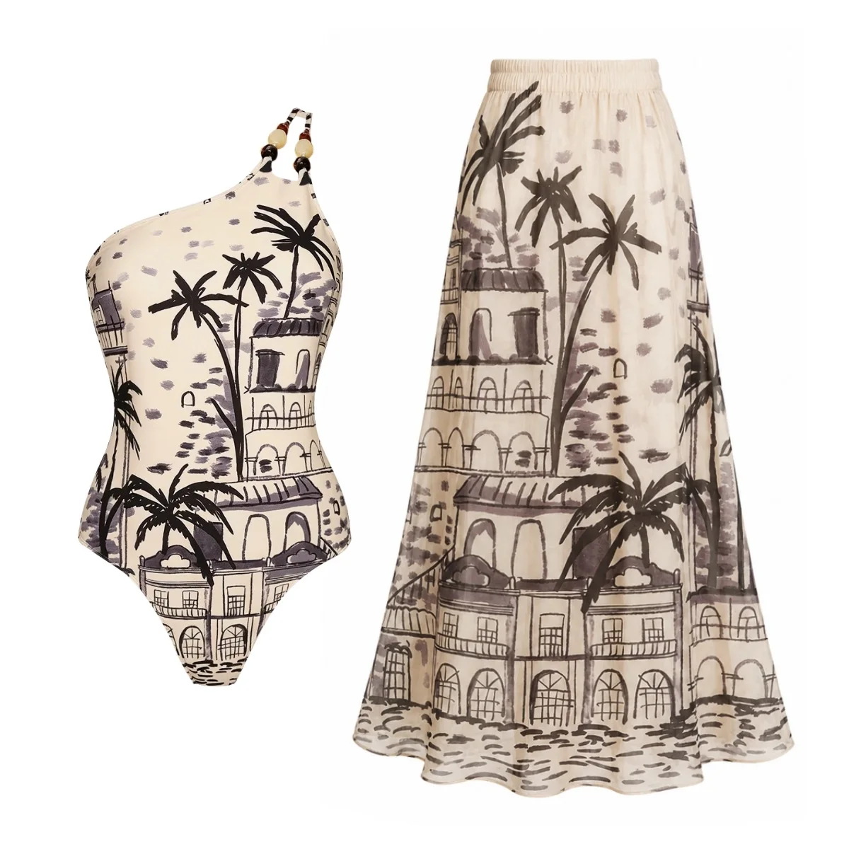 Women One Shoulder One Piece Swimsuit Set New Vintage Island Coconut Tree Building Print Slim Beach Bathing Suit Swimwear