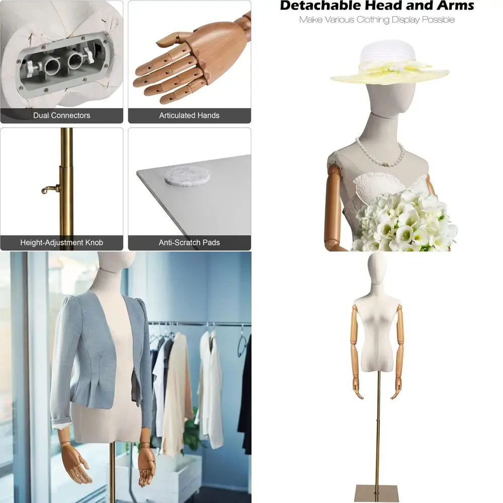 

Регулируемый по высоте женский манекен с подвижными деревянными руками и металлическим основанием для демонстрации одежды