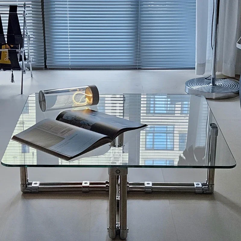 Household stainless steel coffee table glass coffee table designer transparent square  negotiation