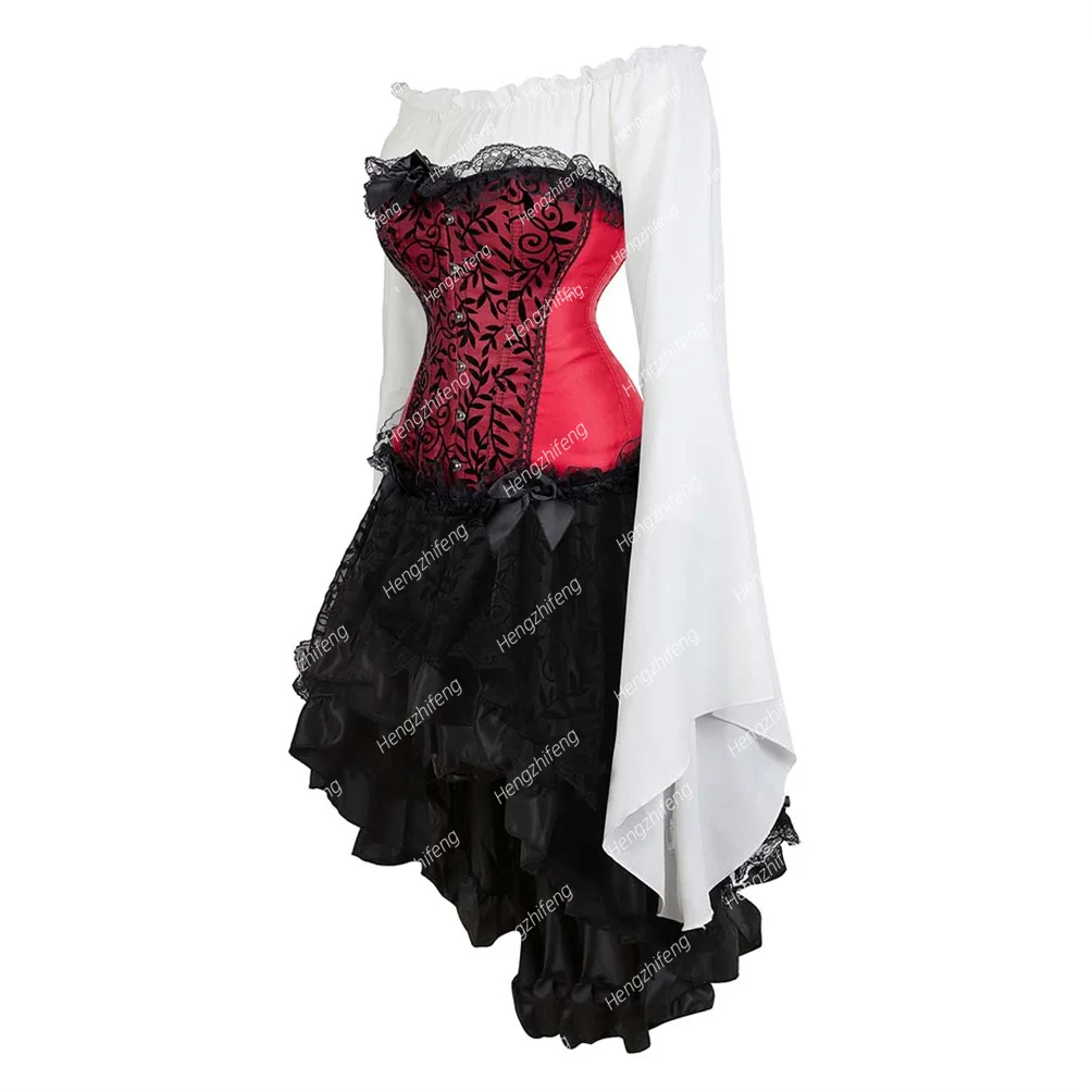 Steampunk Corset Shirt with Gothic Dresses Set Renaissance Corsets Bustiers Vintage Corsage Outfits Halloween Costume for Women