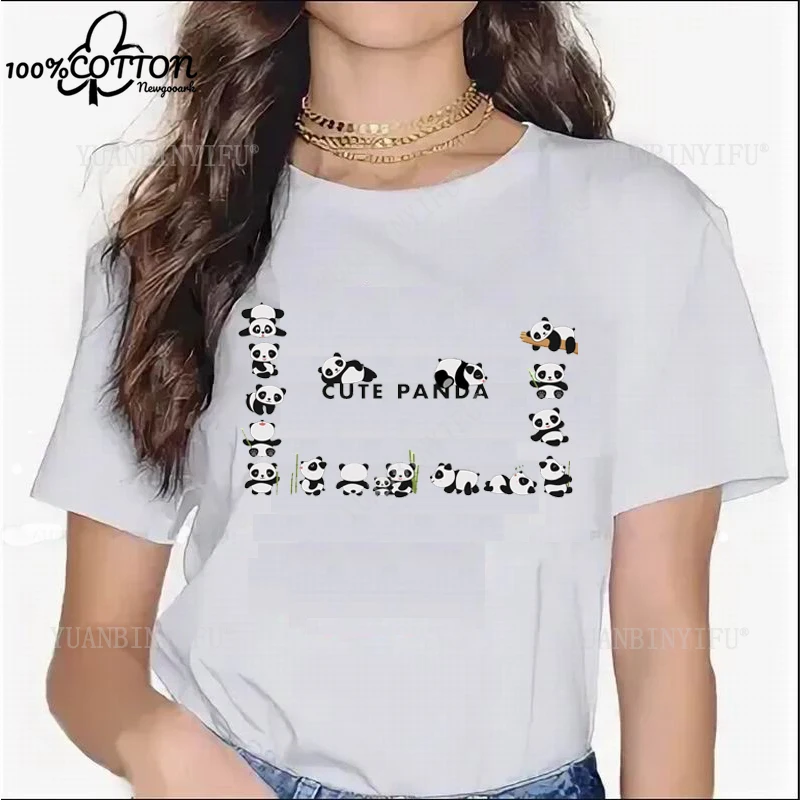الكلاسيكية الساخن بيع السيدات Kawaii الملابس قصيرة الأكمام القطن تي شيرت مع نمط الباندا طباعة الترفيه أزياء الشارع فضفاضة