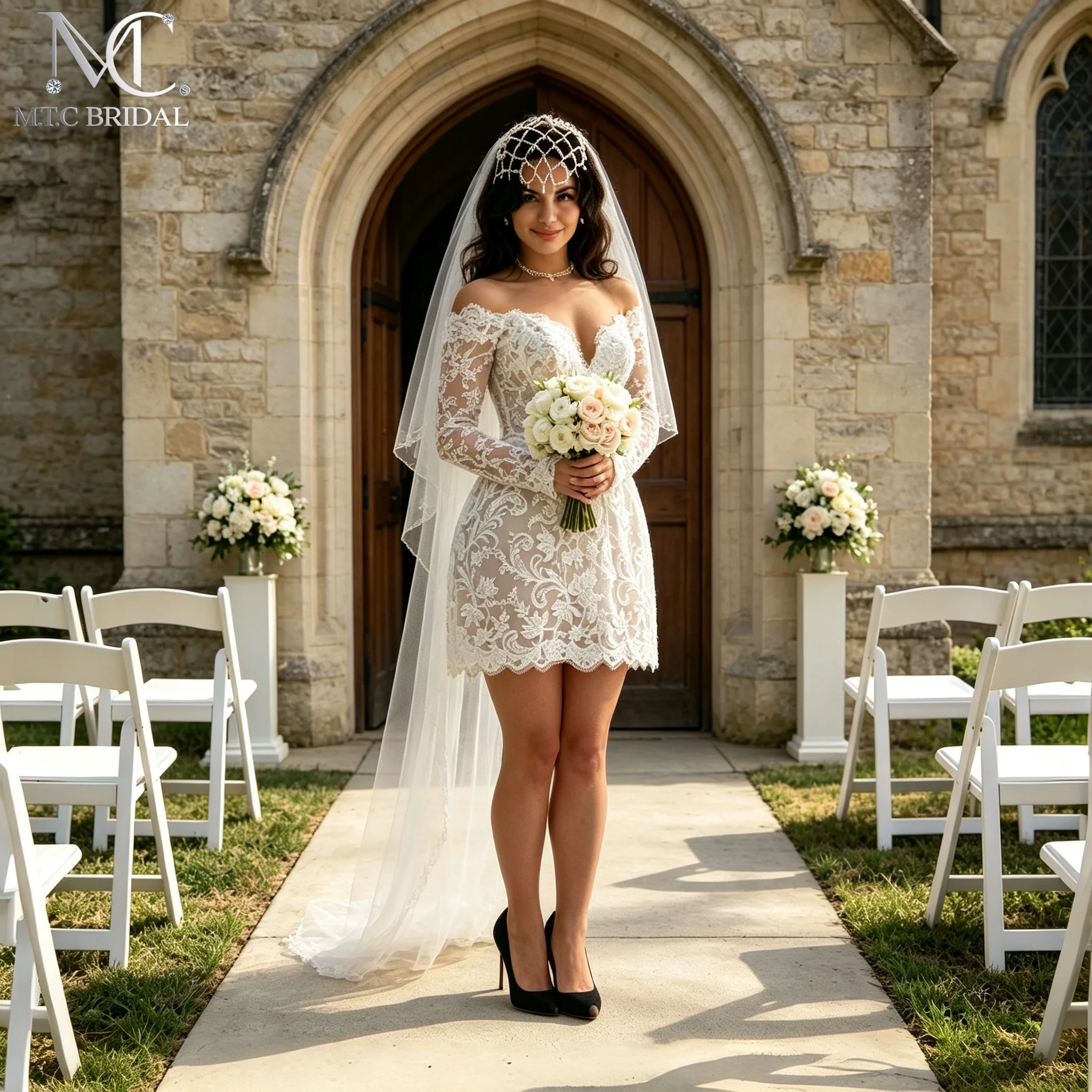 Long Sleeve Off Shoulder Short Wedding Dress Full Lace Mini Bridal Dress Backless Civil Wedding Bride Gowns Robe De Mariee