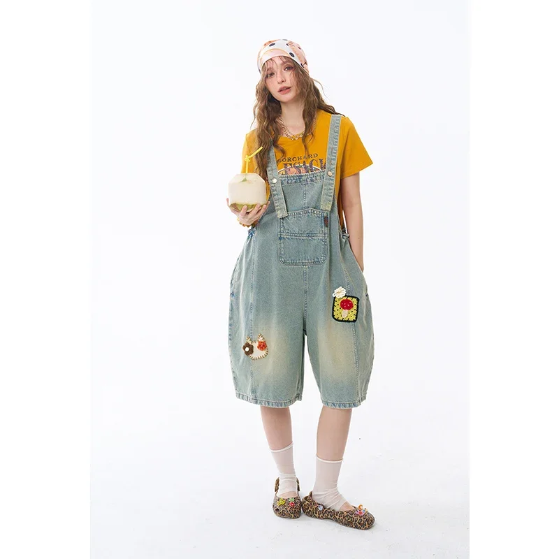 ELFSACK Denim Short Overalls with Food Patch Embroidery, Distressed Loose Balloon Jumpsuit for Daily