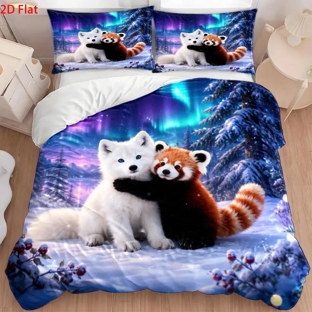Northern Lights Bedding Set 3 Piece Duvet Cover with White Fox Red Panda Print Polyester Bed Sheet Set Invisible Zipper Soft