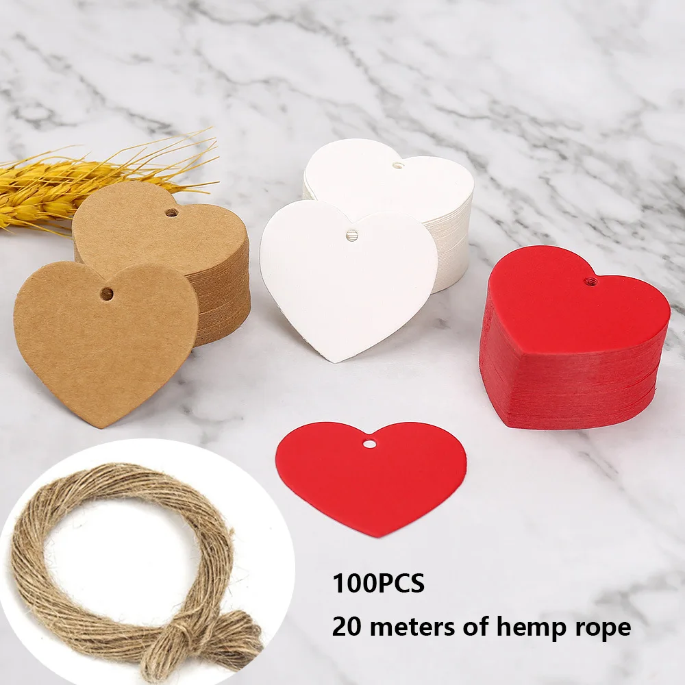 100pcs Heart Shaped Paper Tags with 20 Meter Hemp Rope Red Heart Price Tag Craft Hang Tags Love Tag Paper Blank Cards Label