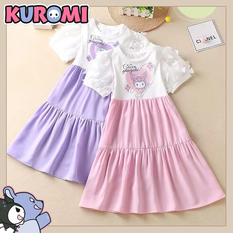 Sanrio Kuromi gaun anak perempuan lengan pendek musim panas gaun putri kartun pakaian pesta ulang tahun anak-anak kaus lucu kasual atasan