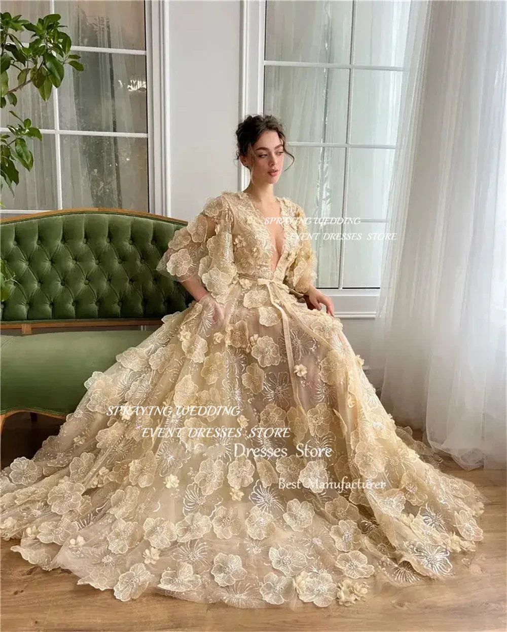 SPRAYING 2025 New Design Champagne 3D Flowers Lace Evening Dresses V Neck Puff Half Sleeves Split Prom Gowns Wedding Party Dress