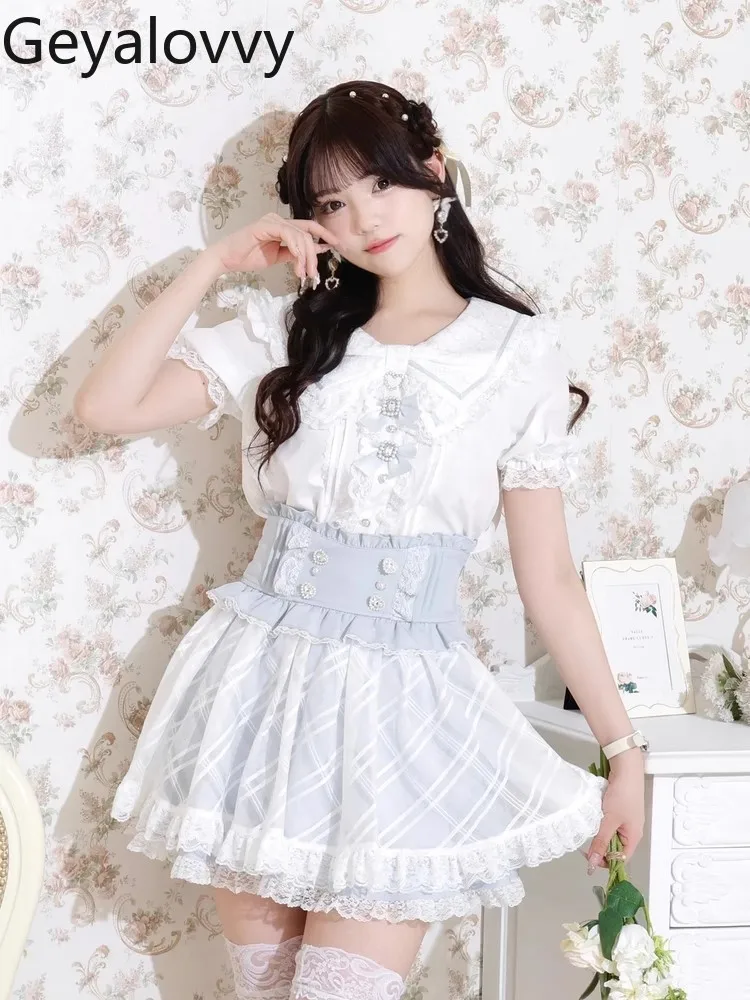 

Lolita Shirts New Sweet and Cute Bow Lace Short-sleeved Shirt Japanese Style Women's Tops Summer Casual Elegant Blouses