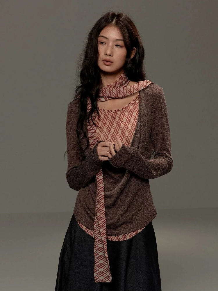 

Harajuku Fake Two Pieces Vintage T-shirts Y2k Aesthetic Plaid Patchwork Slim Fit Tshirts Women Contrast Color Grunge Bandage Top