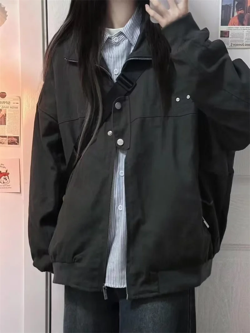 Workwear Jacket for Women in Autumn 2026 New American Retro Casual Loose Solid Color Men's Women's Solid Color Flight Jacket Top